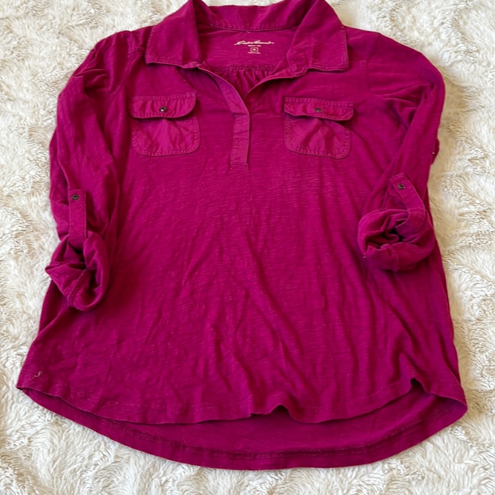 Eddie Bauer Pink Tap Long Sleeve Chest Pockets Split V-neck Blouse Size M
